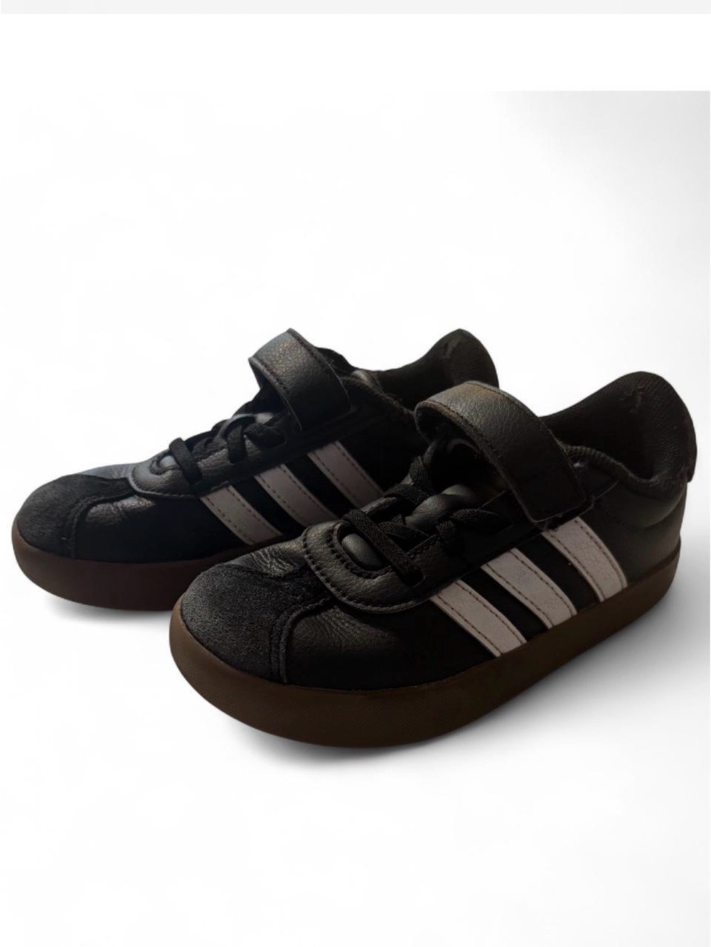 adidas Kids Black Sneakers with White Stripes and Brown Sole
